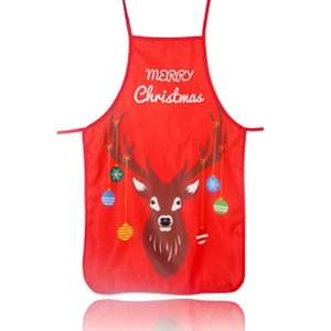 Detailed view of red Christmas apron with reindeer pattern and Merry Christmas text