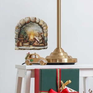 Detailed 3D mouse hole wall sticker featuring a cozy fireplace and mouse reading a book