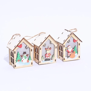 Three-piece wooden Christmas house pendants featuring Santa, reindeer, and snowman motifs