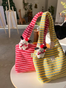 Striped plush tote bag with Pochacco mascot in a cozy cafe setting, large shopping bag
