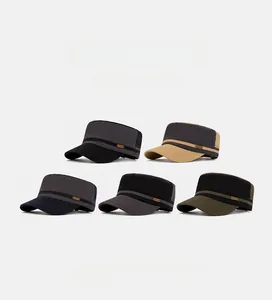 Detail view of various patchwork military cadet hats with retro leather side patches