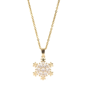 Elegant gold snowflake necklace featuring sparkling zircon stones on a white background
