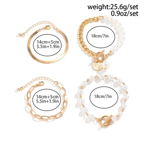 Detailed grid view of four-piece gold chain and pearl bracelet set with weight and size info