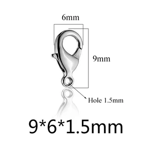 Detailed view of silver stainless steel lobster clasp showing 9x6x1.5mm dimensions