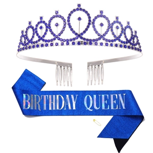 Blue glitter Birthday Queen sash and silver rhinestone tiara set with a safety pin