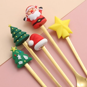 5pcs Christmas themed golden stainless steel spoons set with silicone decorative toppers