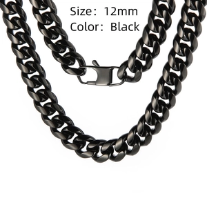 Detail of 12mm black stainless steel Cuban chain link necklace with spring clasp