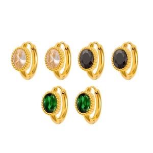 Elegant gold oval zircon earrings in green, black, and white on white background
