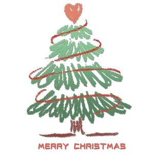 Green Christmas tree window sticker with red heart and Merry Christmas text in crayon style