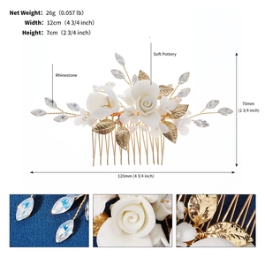 Detailed views of white ceramic flowers and rhinestones on a gold bridal hair comb