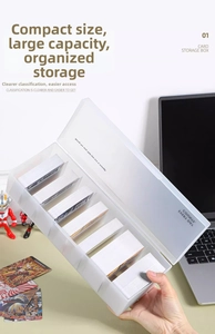 Macro shot of translucent frosted card storage box with multiple compartments and cards