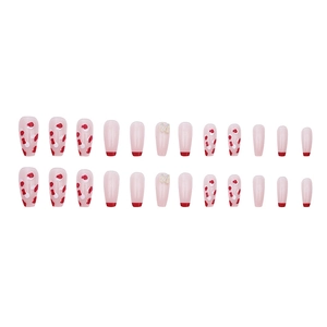 Pink press-on nails set with red polka dots, French tips and 3D butterfly charms