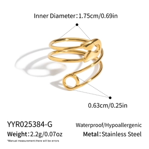 Detail view of gold safety pin ring with size specifications and waterproof stainless steel text
