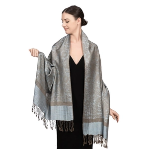 Elegant paisley jacquard shawl for women with fringe tassels in blue and brown color