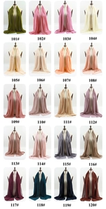 Color chart of 20 solid chiffon hijabs for women showing a variety of vibrant fabric shades