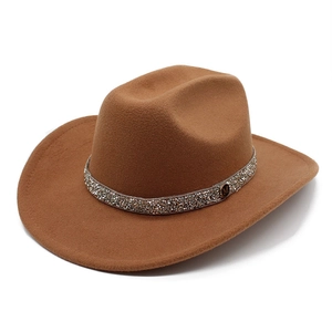 Detail of wool felt fedora with rhinestone-studded band and metallic M buckle
