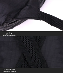 Detail view of the black backpack featuring reinforced stitching and breathable mesh straps