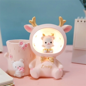 Cartoon Animal Resin Pen Holder With LED Night Light Desktop Stationery Organizer Student Gift Bedroom Decoration