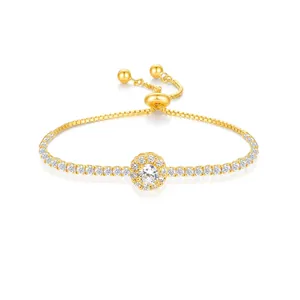 Gold-plated tennis bracelet with sparkling zircon halo pendant and adjustable slider closure
