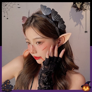 Halloween butterfly headband set with lace gloves and elf ears on a festive model