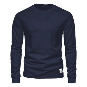 Detail shot of navy blue cotton long-sleeve T-shirt neck label and fabric texture