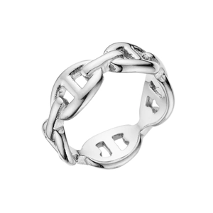 Polished silver titanium steel chain ring with H-shaped links in industrial style
