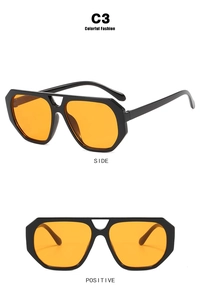 Detailed side and front view of retro polygonal sunglasses with black frames and orange lenses