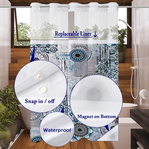 Detail of snap-in replaceable liner and magnetic bottom on floral tile shower curtain