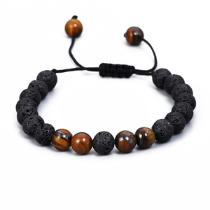 Men Beaded Bracelet Natural Lava Rock And Yellow Tiger Eye Stone Adjustable Woven Cord Fashion Round Beads
