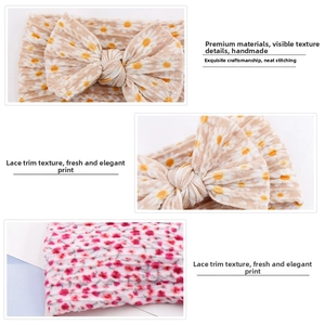 Detail view of floral print baby headbands with handmade stitching and textured fabric