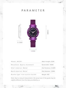 Detailed size chart for starry sky quartz watch with 33mm dial and 14mm mesh strap