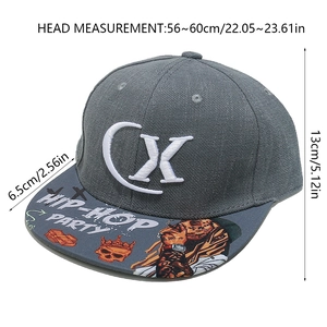Detail of gray hip-hop snapback with CX embroidery and artistic graffiti on the brim
