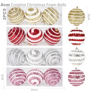 Set of three 8cm decorative Christmas foam balls with white glitter patterns for tree decor