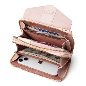 Pink PU leather multi-functional crossbody phone wallet with double zippers and card slots