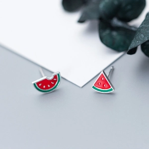 Asymmetric S925 sterling silver watermelon stud earrings with red and green enamel finish