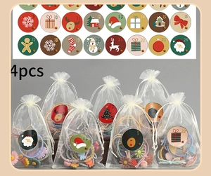 Detail of Christmas set with drawstring mesh bag and numbered round stickers for kids