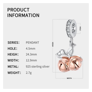 Technical size specs of a dual-tone 925 sterling silver Christmas bell charm with zircons
