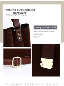 Close-up of premium gold-plated hardware and texture on dark brown suede handbag