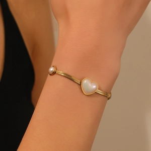 Bracelet Pendentif Coeur Avec Künstliche Perles Chaîne Serpent En Acier Inoxydable Bijoux Réglables Pour Femmes