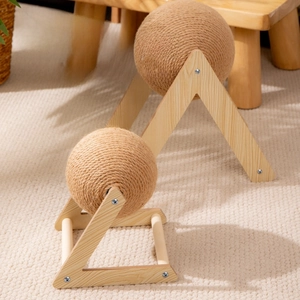 Detail of durable sisal rope balls on solid wood frames for cat claw grinding and play