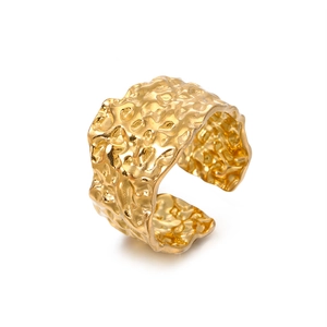 Women's gold hammered stainless steel open ring with irregular lava texture design