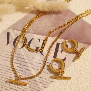 Collier Pendentif à Bascule OT en Acier Inoxydable Et Boucles d'Oreilles Créoles Or Plaqué Chaîne Géométrique Pour Femme
