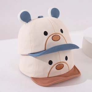 Cute baby baseball caps with 3D bear ears and embroidered face in two color options