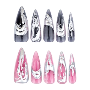 Long stiletto press-on nails with silver marble texture and pink smoky quartz effect