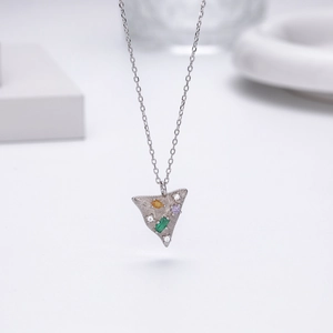 Minimalist S925 sterling silver necklace with textured triangle pendant and colored gems