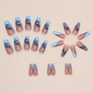 French blue butterfly press-on nails with shiny diamonds and light pink base