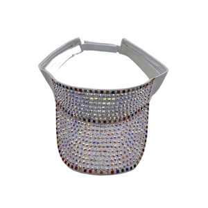 Detail of white sun visor hat with sparkling rainbow rhinestones and velcro strap