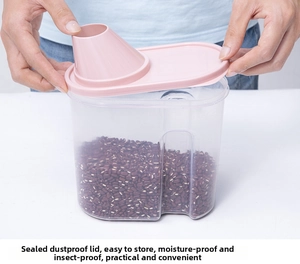 Detail of transparent grain container with pink lid showing easy-open sealing feature