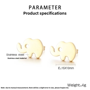 Detail view of gold elephant stud earrings in stainless steel with size measurements