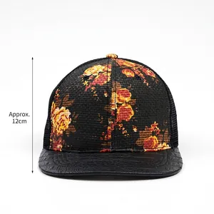Floral print mesh baseball cap with faux snake skin brim and deep 12cm crown